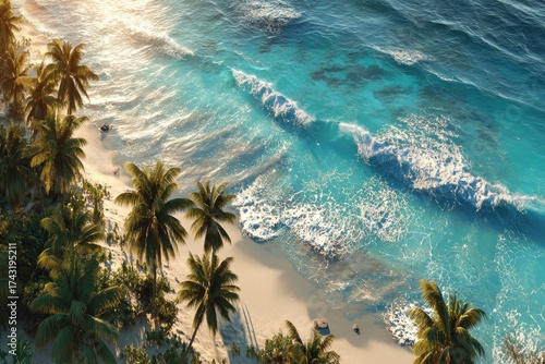 Aerial view of tropical beach with turquoise waves and palm trees lining the sand