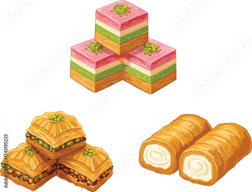 Traditional sweet dessert illustration with baklava, pistachio pastry, and layered Turkish delight, delicious Middle Eastern sweets, confectionery, dessert art