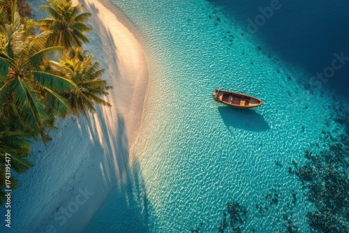 Aerial shot of tropical beach; palm trees, white sand, turquoise water, and a small boat