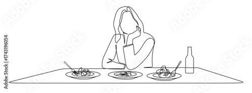 continuous line art of a woman preparing to eat lunch served on a table