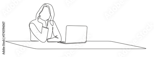 continuous line art of a business woman working in front of a laptop while holding her chin as if thinking

