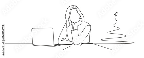 continuous line art of a business woman working in front of a laptop while holding her chin as if thinking

