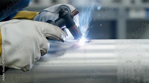 Industrial Worker in Protective Gloves Welding a Metal Seam.