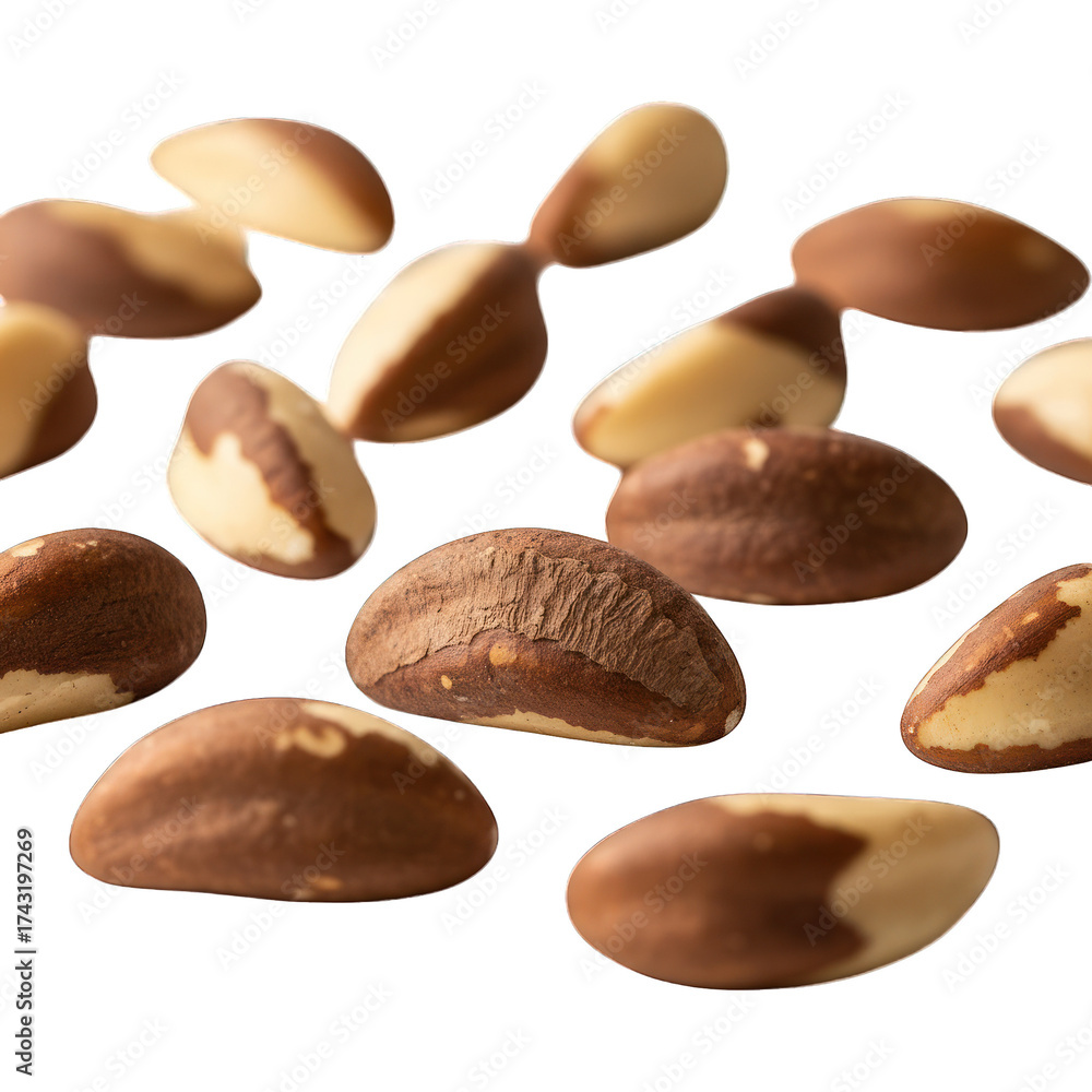 Fototapeta premium Close-up of many oval-shaped nuts with brown and tan halves, floating on black
