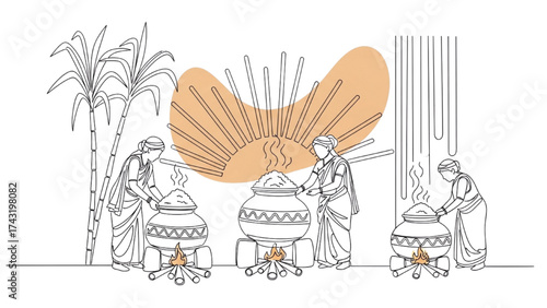 Continuous Line Drawing of Traditional Cooking Pot with Sugarcane – Pongal Harvest Festival Line Art Illustration