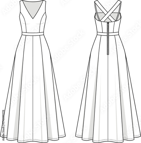 Sleeveless floor length dress technical flat sketch, deep V neckline CAD drawing, crisscross back vector, apparel fashion template, garment construction illustration