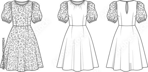 Short puff sleeve dress technical flat sketch, round neckline CAD drawing, A line skirt vector, apparel fashion template, garment construction illustration
