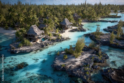 Scenic tropical island scene featuring huts, beaches, crystal clear water, and lush foliage