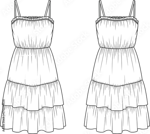 Sleeveless tiered dress technical flat sketch, spaghetti strap CAD drawing, ruched bodice vector, flared skirt apparel fashion template, garment construction illustration