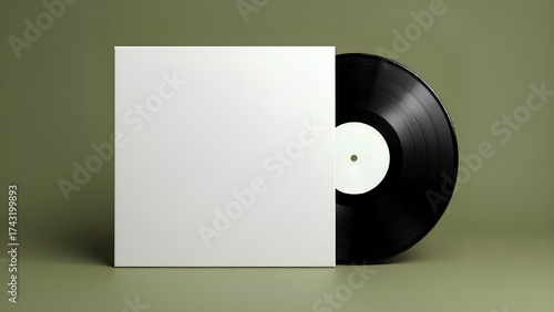 A black vinyl record with a blank, textured white album cover stands against a solid, minimalist olive green background. Modern music mockup.