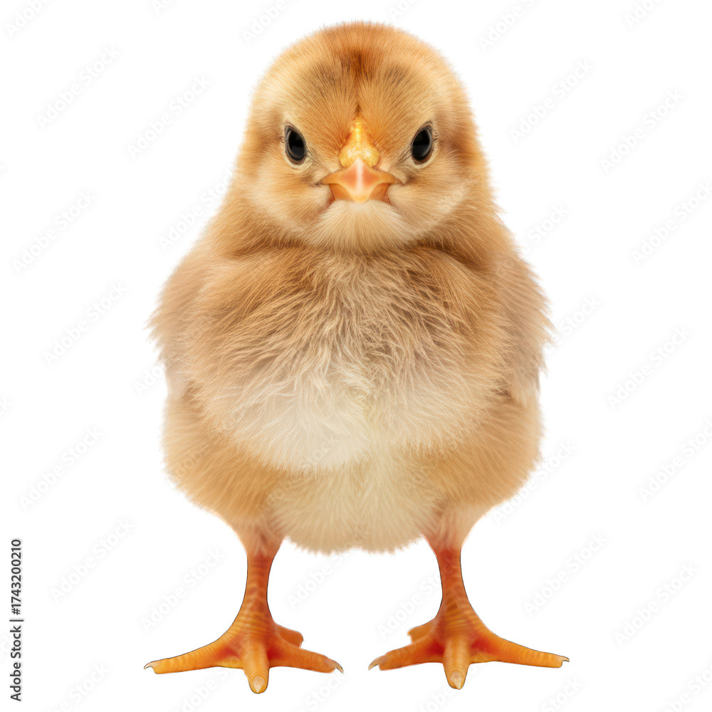 Obraz premium Fluffy, golden-brown chick stands frontal, looking directly ahead with focused expression