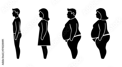 Male and female body shape side view vector illustration, stickman silhouettes showing slim and overweight figures concept for health, fitness, weight loss, obesity, and medical design infographic.
