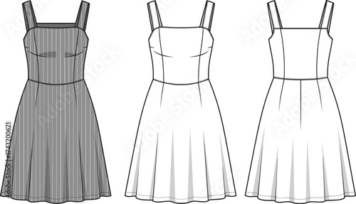 Sleeveless square neckline dress technical flat sketch, wide strap CAD drawing, flared skirt vector, apparel fashion template, garment construction design illustration
