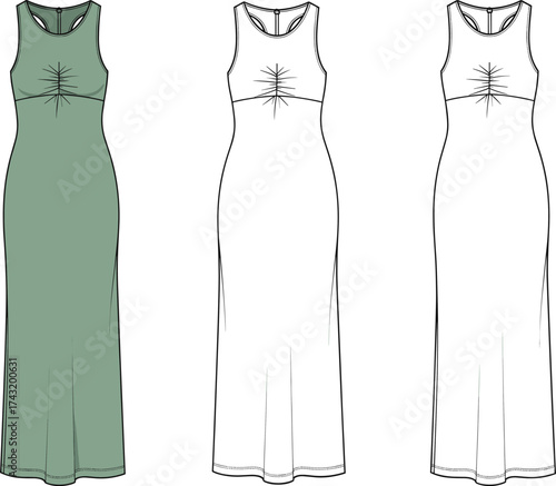 Sleeveless racerback maxi dress technical flat sketch, gathered bodice CAD drawing, floor length vector, apparel fashion template, garment construction illustration