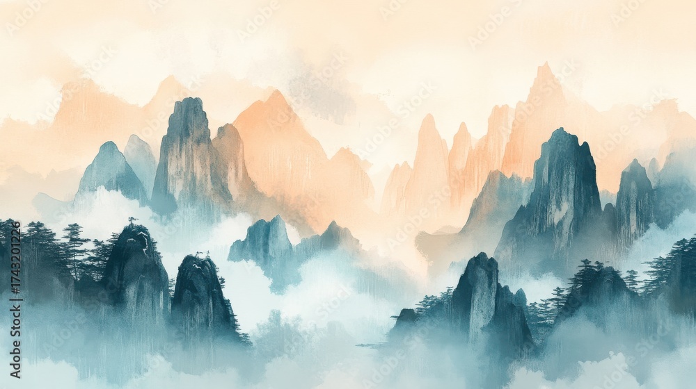 Fototapeta premium Misty mountain range with serene trees in daylight