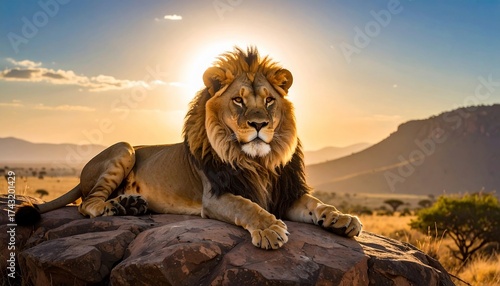 Majestic Lion Resting atop a Rocky Outcrop Under the Warm Glow of Sunset
