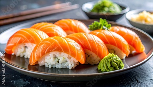 A delectable and appetizing display of fresh salmon nigiri sushi on a dark plate