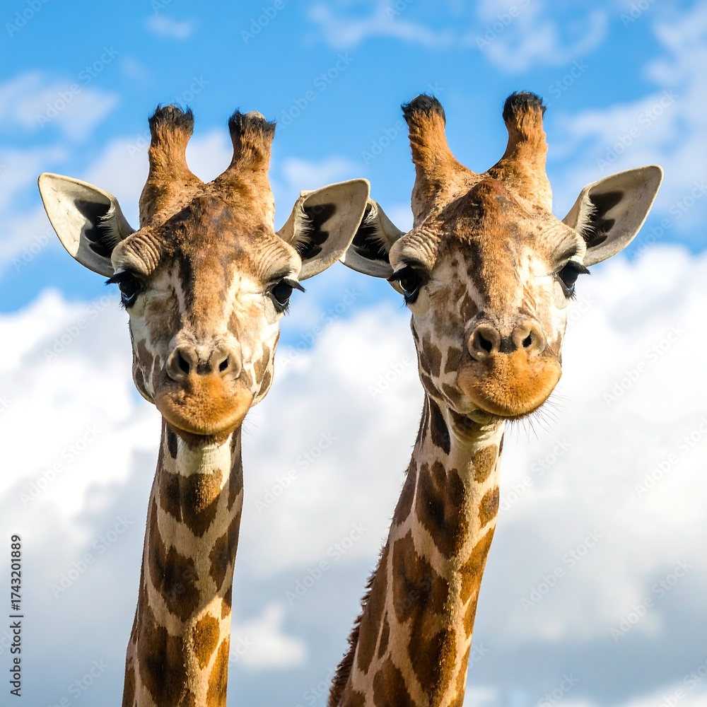Naklejka premium Two giraffes gazing at camera