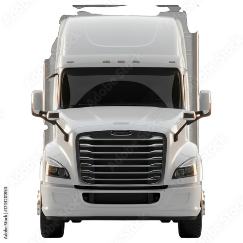 Front view of a large, white commercial semi-truck with a rectangular front