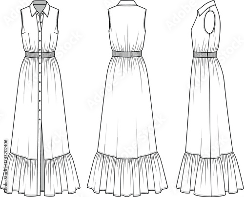 Sleeveless maxi dress technical flat sketch, button down CAD drawing, collared fashion vector, gathered hem template, apparel clothing design illustration