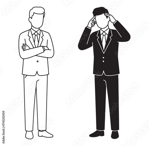 Businessmen silhouetted in formal suits with confident and thoughtful poses on white background