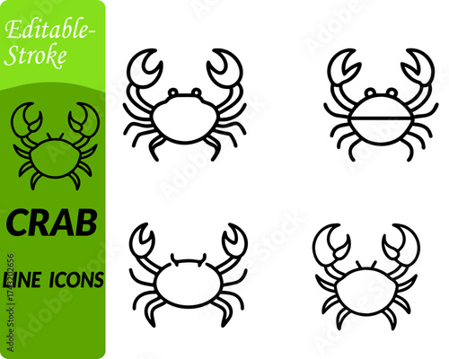 Crab icon character, in a clean flat vector style, designed with a rounded shell, two raised claws, and multiple legs for instant recognition. Features smooth curves and minimal versatile and modern.