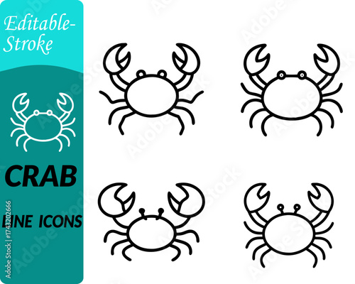 Crab set line icon. Represents seafood marine life fishing coastal. tourism beach themes and zodiac Cancer symbol. Perfect for use in food industry. ocean conservation travel and educational projects.