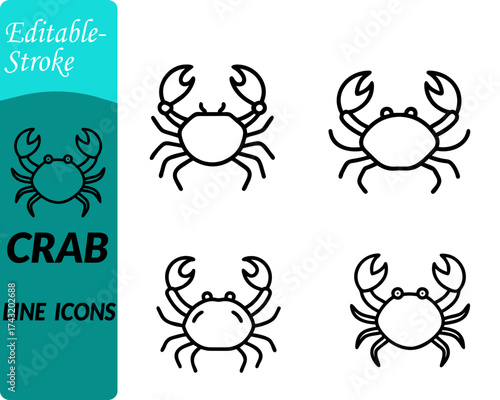 Crab icon character. illustrated in a minimal flat vector style. showing a rounded shell, two large upward claws and six small legs for a friendly, clear look. Designed with smooth lines and balanced.