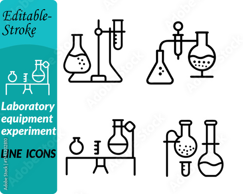 Laboratory equipment experiment icon. character designed in a clean flat vector style, showing classic scientific tools such as test tubes, beakers, flasks, and a microscope arranged on a table.