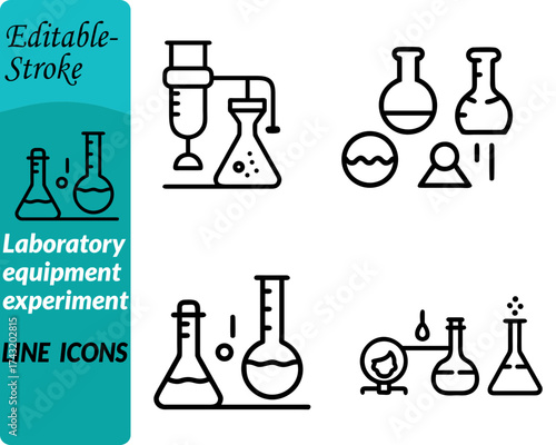 Laboratory equipment experiment icon. character designed in a clean flat vector style, showing classic scientific tools such as test tubes, beakers, flasks, and a microscope arranged on a table.