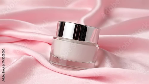 Luxurious Face Cream Jar on Pink Silk Fabric for Skincare and Beauty.