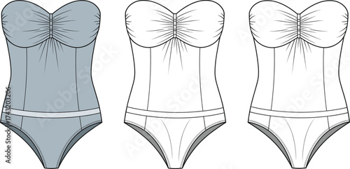 Strapless swimsuit technical flat sketch, one piece swimwear CAD drawing, ruched bust vector, apparel design template, fashion clothing illustration details