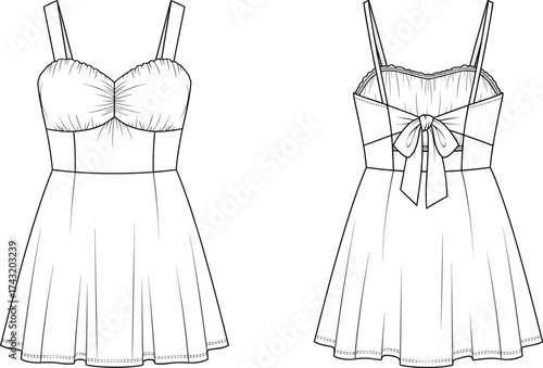Women’s dress technical flat sketch, strappy bodice vector, flared skirt CAD drawing, bow back detail, apparel fashion design template illustration