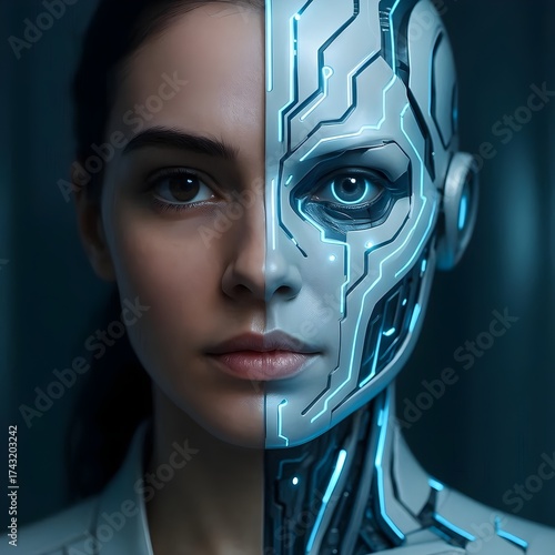 Conceptual Portrait of a Woman with Half Human and Half Glowing Robotic Face Representing Artificial Intelligence and Future