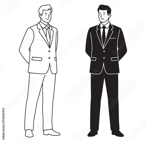 Stylish illustration of two well dressed businessmen in different contrasting color schemes