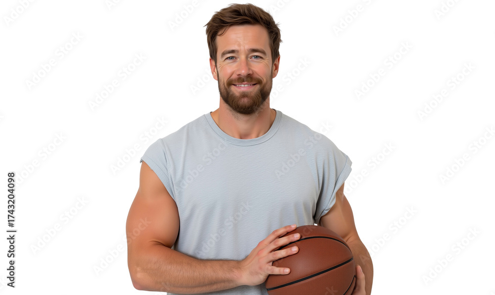 Obraz premium Smiling man in athletic wear, holding a basketball, embodying fitness, sport, and healthy lifestyle