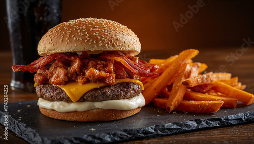 Juicy bacon cheeseburger with sweet potato fries image