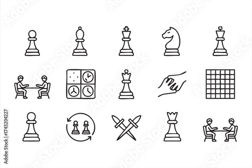 Minimalist Line Art of Chess Pieces and Board Symbols