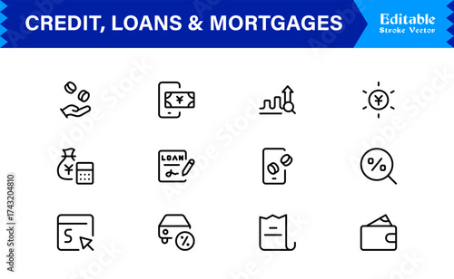 Credit, Loans and Mortgages Line Icon Set Featuring Loans Mortgages Modern Minimal Style with Unique Financial Symbols for Business and Banking Concepts