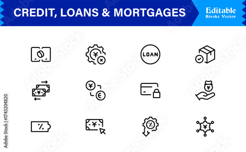 Credit, Loans and Mortgages Line Icon Set Featuring Loans Mortgages Modern Minimal Style with Unique Financial Symbols for Business and Banking Concepts