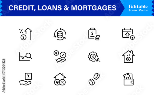 Credit, Loans and Mortgages Line Icon Set Featuring Loans Mortgages Modern Minimal Style with Unique Financial Symbols for Business and Banking Concepts