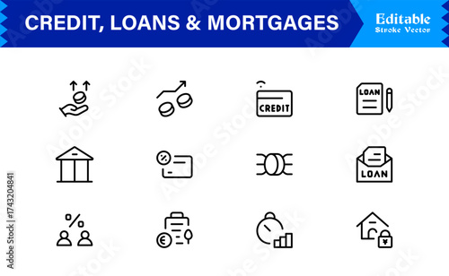 Credit, Loans and Mortgages Line Icon Set Featuring Loans Mortgages Modern Minimal Style with Unique Financial Symbols for Business and Banking Concepts