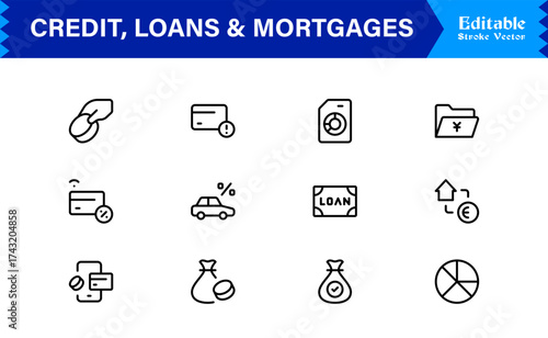 Credit, Loans and Mortgages Line Icon Set Featuring Loans Mortgages Modern Minimal Style with Unique Financial Symbols for Business and Banking Concepts
