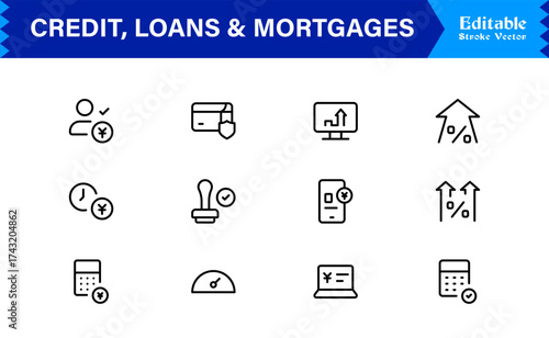 Credit, Loans and Mortgages Line Icon Set Featuring Loans Mortgages Modern Minimal Style with Unique Financial Symbols for Business and Banking Concepts