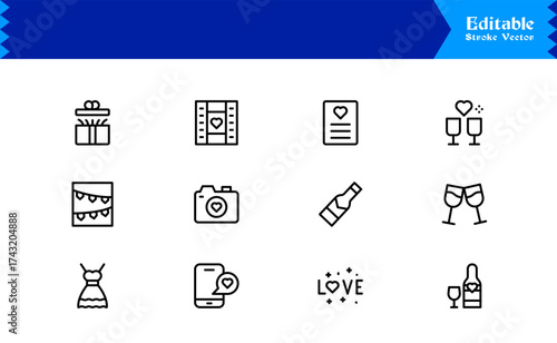 Wedding and Love line icon set featuring editable, pixel-perfect icons. Includes professional, minimal, and modern designs capturing romance and celebration themes.