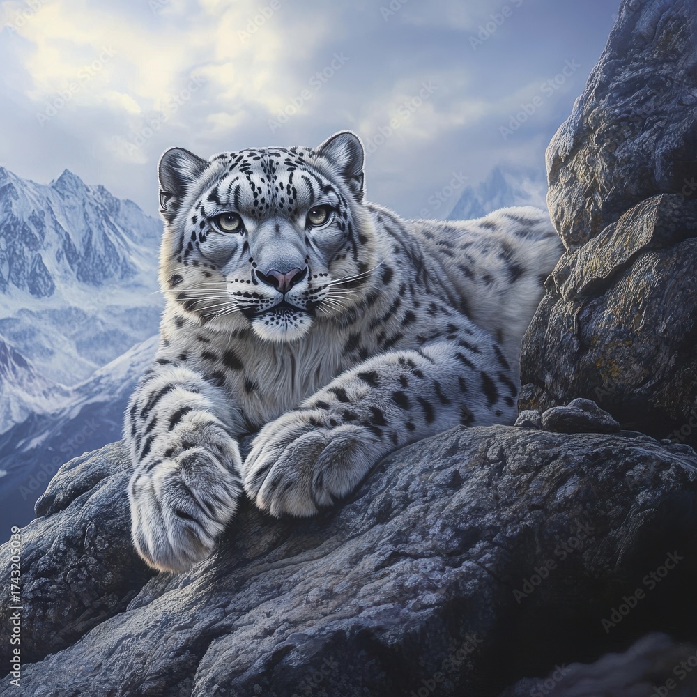Obraz premium Snow leopard resting on rocks in snowy mountainous region