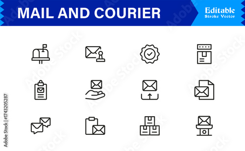 Mail and courier essentials unique line icon collection showcasing clean, pixel-perfect, and scalable line icons tailored for modern postal and logistics concepts.