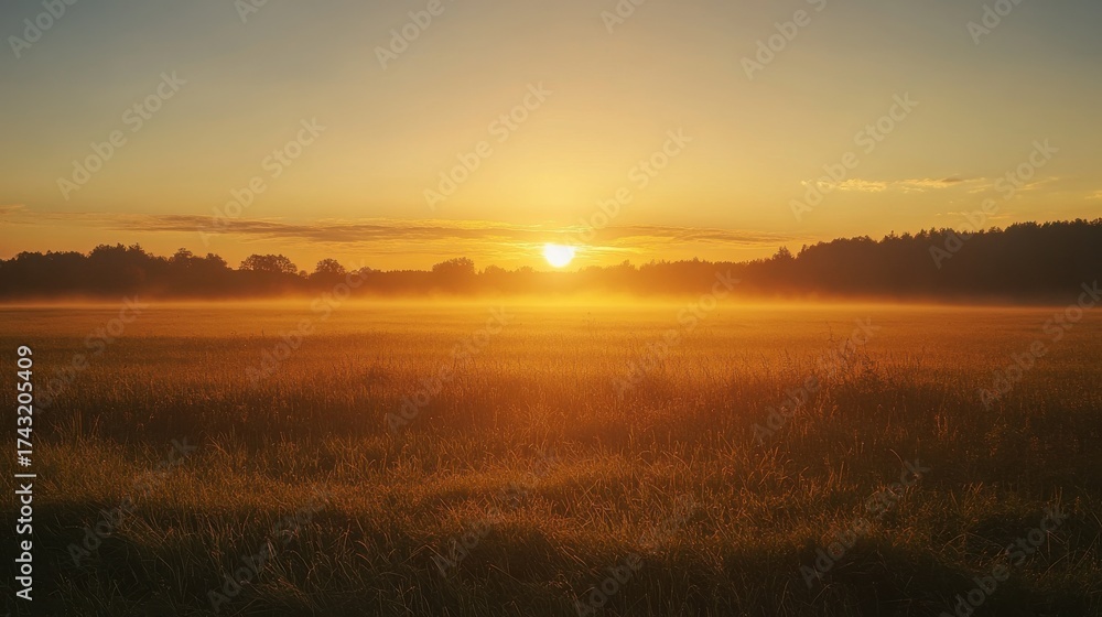 Fototapeta premium Serene sunrise over a tranquil field of grass and trees