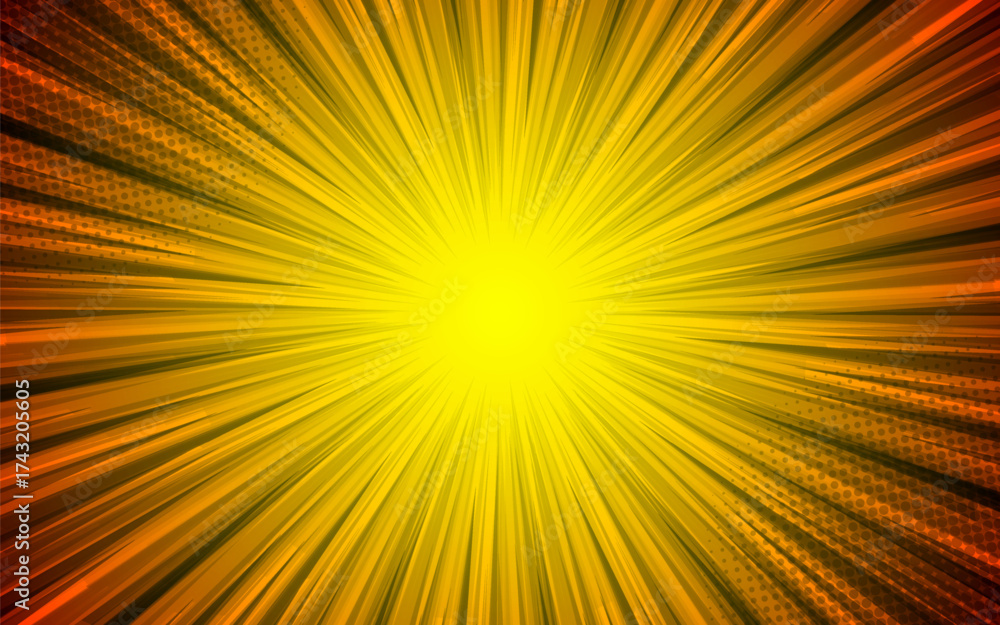 Fototapeta premium Pop art comic sunburst effect background with halftone.