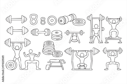 Weightlifting and gym equipment line art icon collection showing dumbbells, barbells, plates, benches, and athletes training minimalist vector illustration for fitness, bodybuilding, workout, and stre